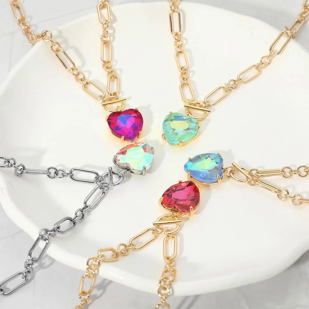 Ab Mint Heart Toggle Paperclip Link Crystal Pendant Necklace Gold Jewelry Chain